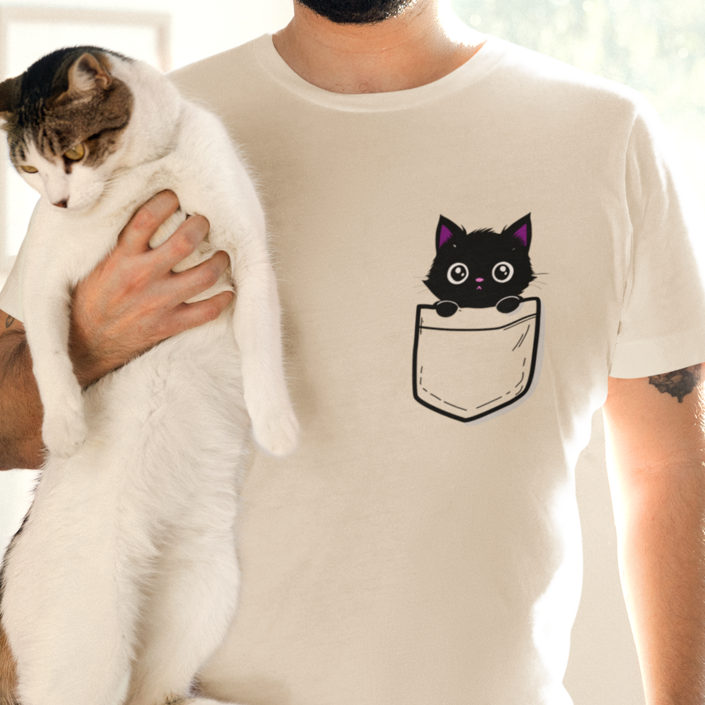 Real Belonging T-Shirt Natural / S Black Cat Pocket Kitty T-shirt