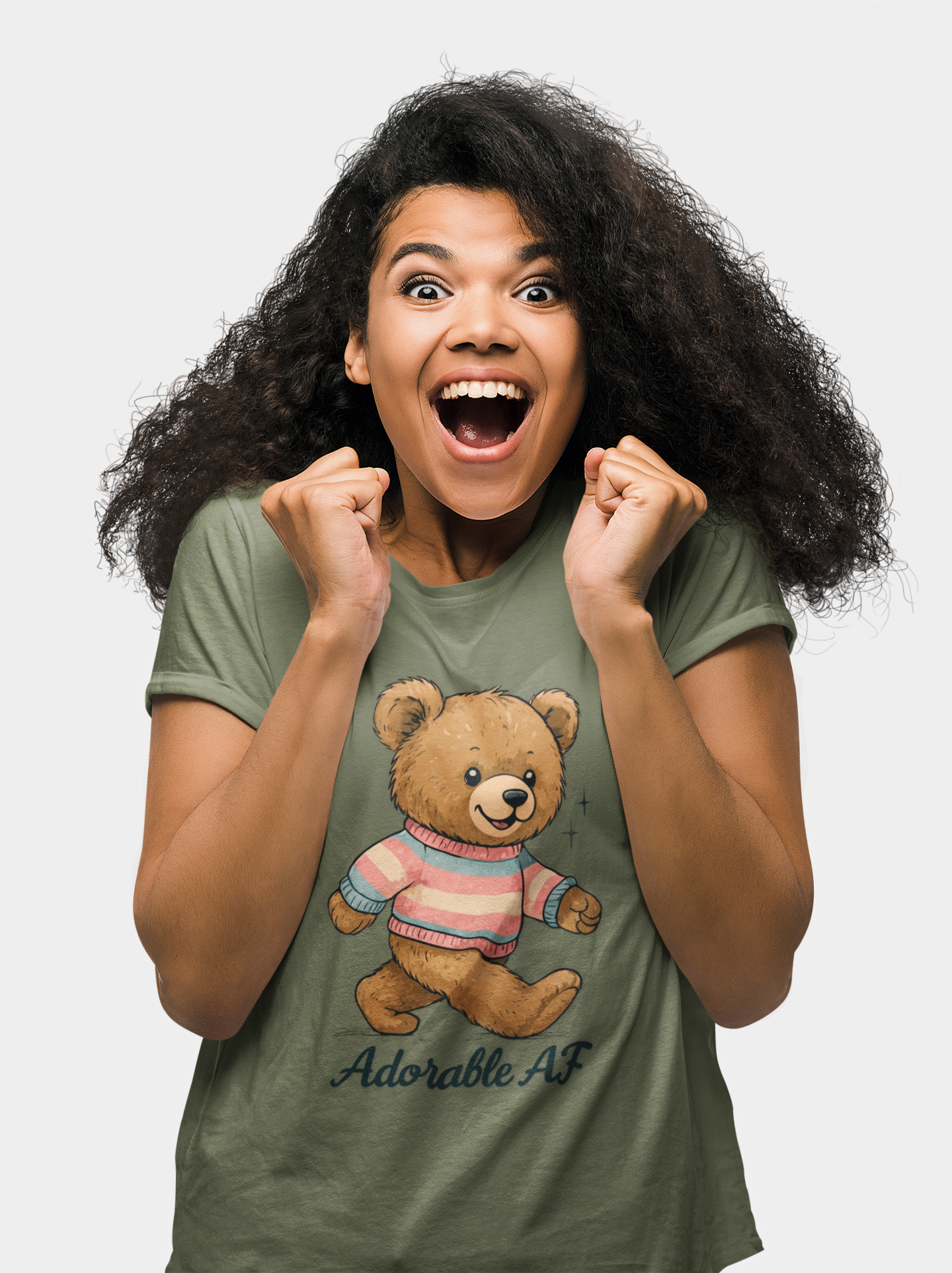 T-Shirt Military Green / S Adorable AF Teddy Bear in Blue & Pink Sweater T-shirt