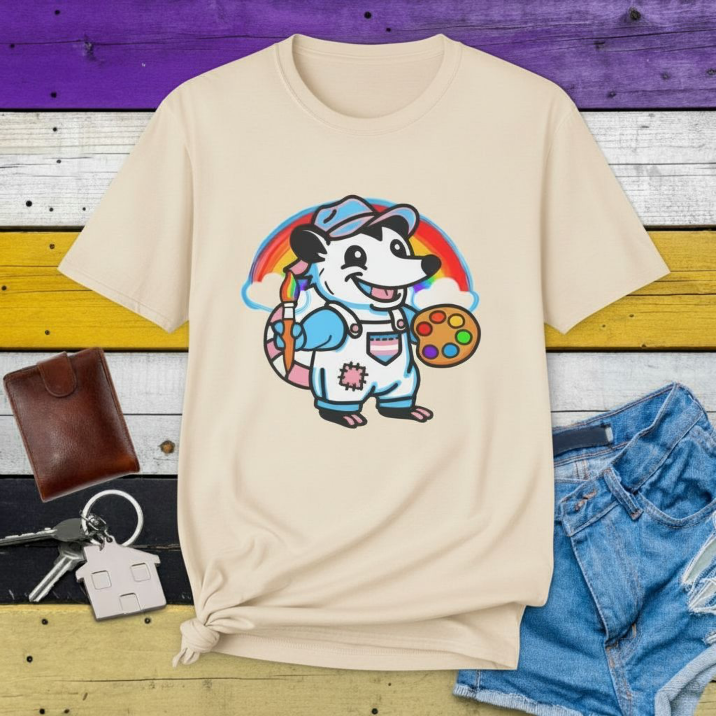 T-Shirt Natural / S Adorable AF Trans Possum Rainbow Painter