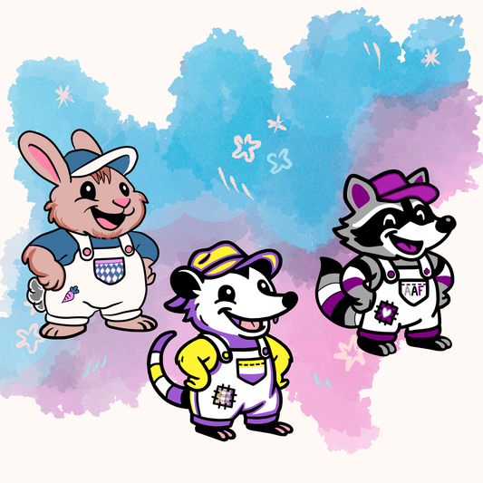 Image of three Adorable AF characters -- transmasc bunny, non-binary opossum, and asexual raccoon -- against blue, purple, and pink splotchy background