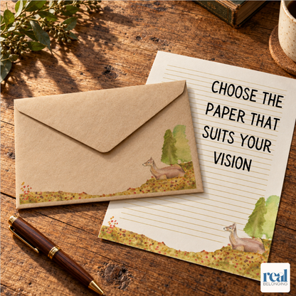 Brown kraft envelope printed with autumn watercolor design paired with lined letter stationery