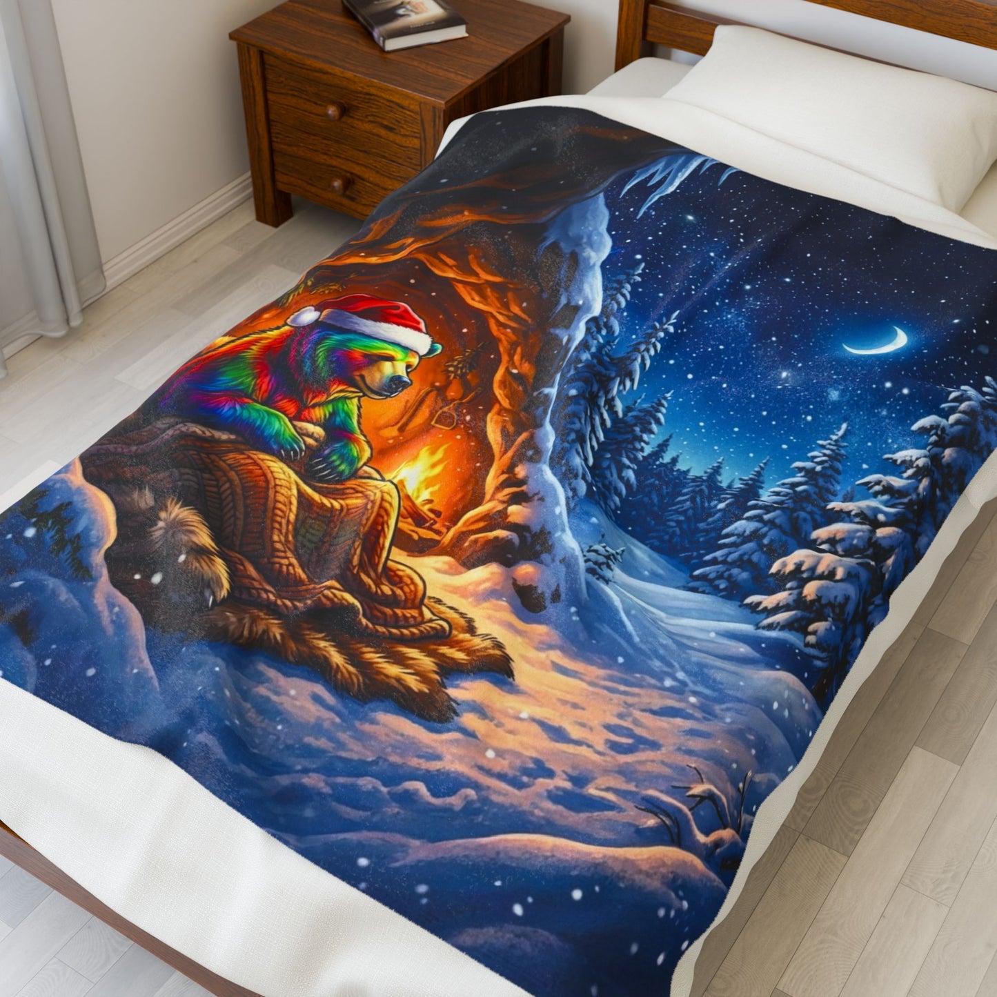 Holiday Rainbow Bear Velveteen Plush Blanket | Cozy Christmas Night Throw