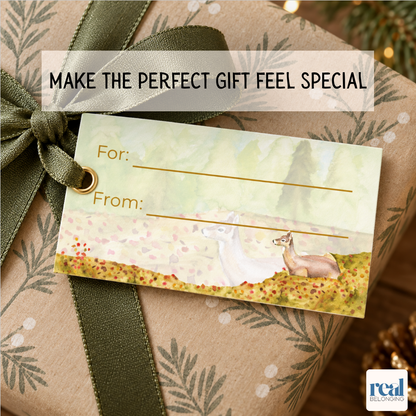 Close-up of a gift wrapped with kraft paper and a double-exposure watercolor deer gift tag tied with twine