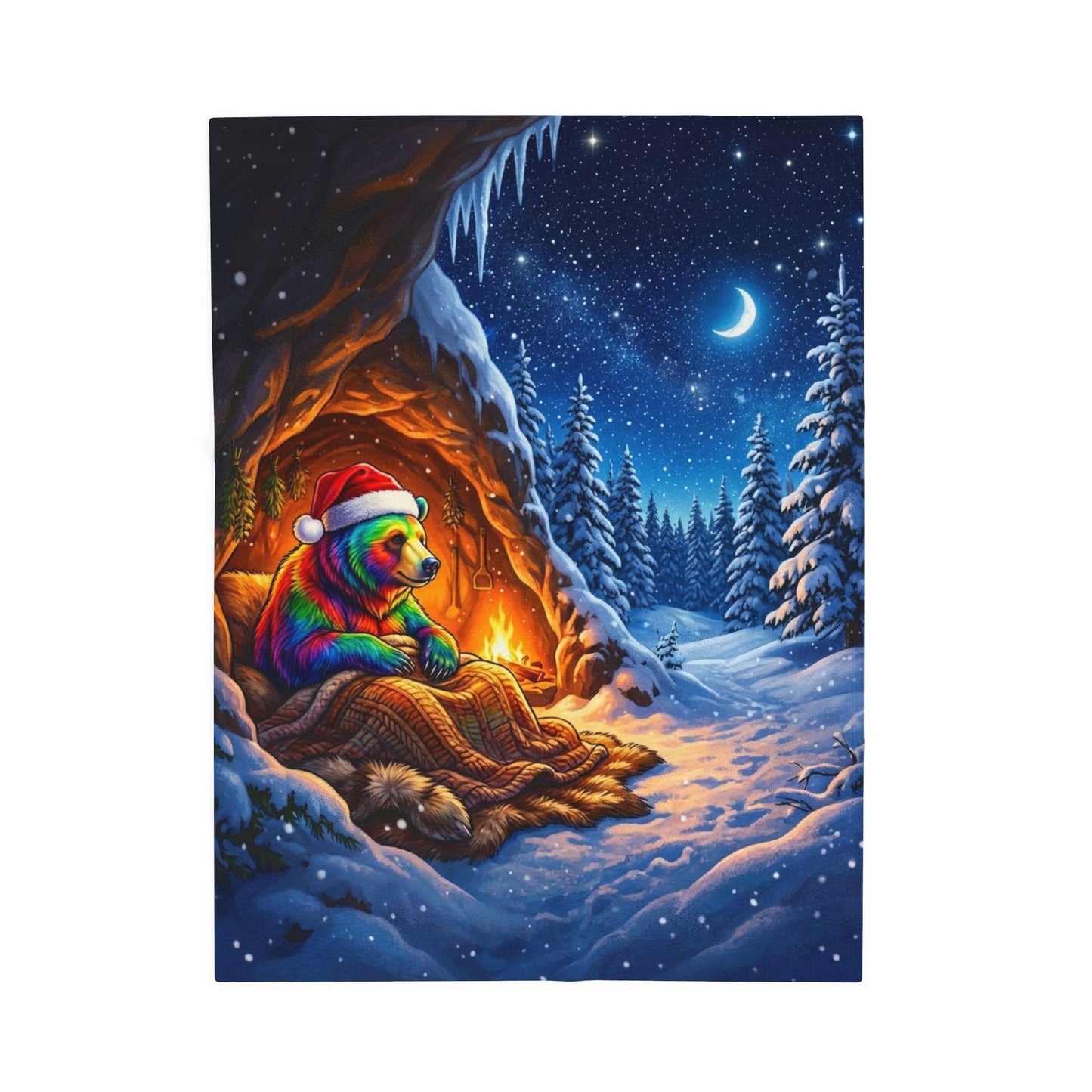 Holiday Rainbow Bear Velveteen Plush Blanket | Cozy Christmas Night Throw