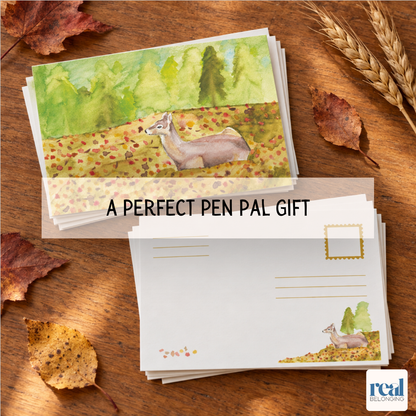 Stacks of printed autumn watercolor postcards and postcard backs ready for pen pal letters