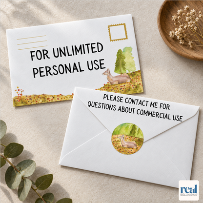White envelope with printed watercolor design on front and a round deer sticker seal on the back flap, licensed for unlimited personal use