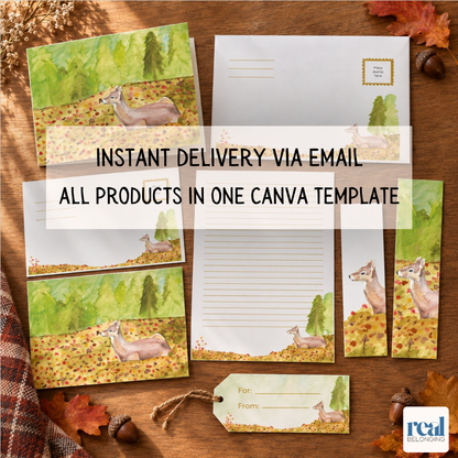 Deer in Autumn printable stationery collection arranged on a desk showing one of each product in the set