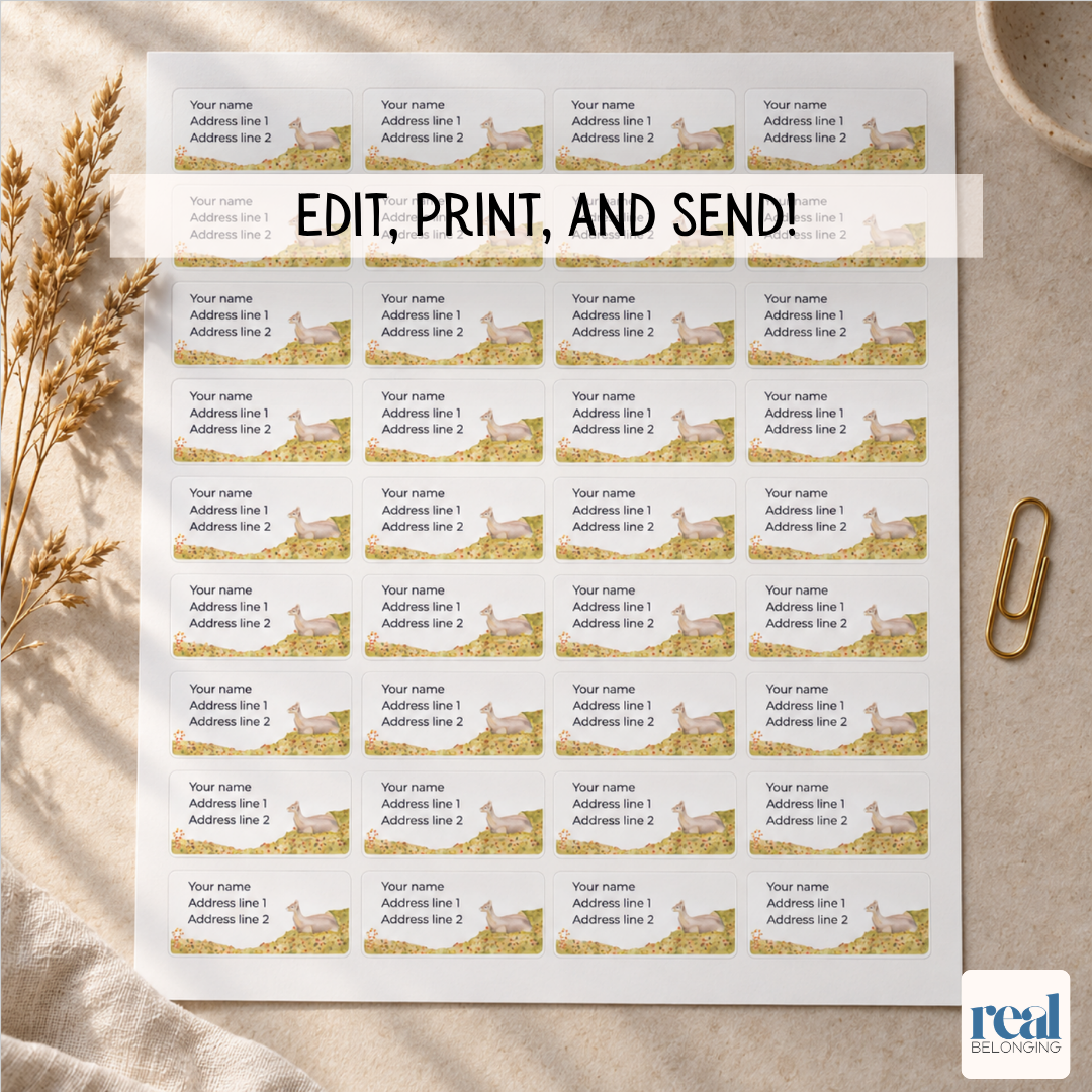 Printable return address label sheet mockup with autumn watercolor motifs matching the stationery set