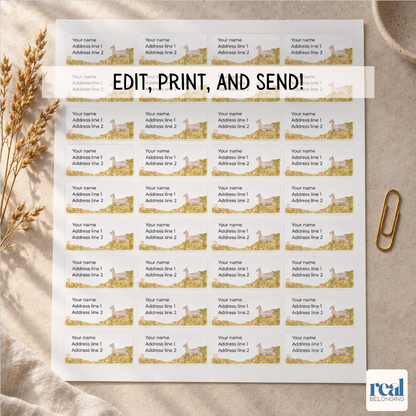 Printable return address label sheet mockup with autumn watercolor motifs matching the stationery set