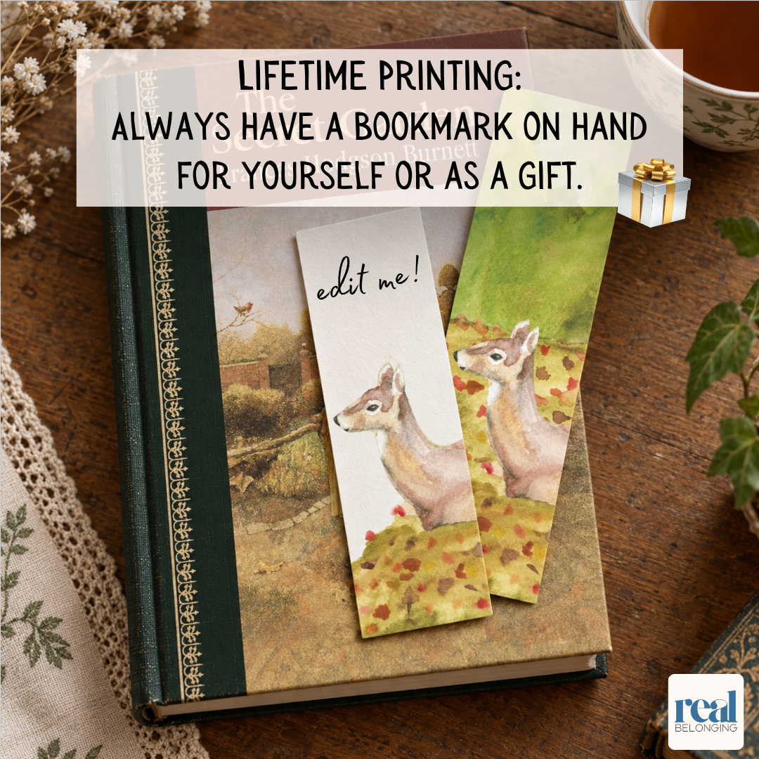 Two autumn watercolor bookmark designs resting on an open vintage copy of The Secret Garden