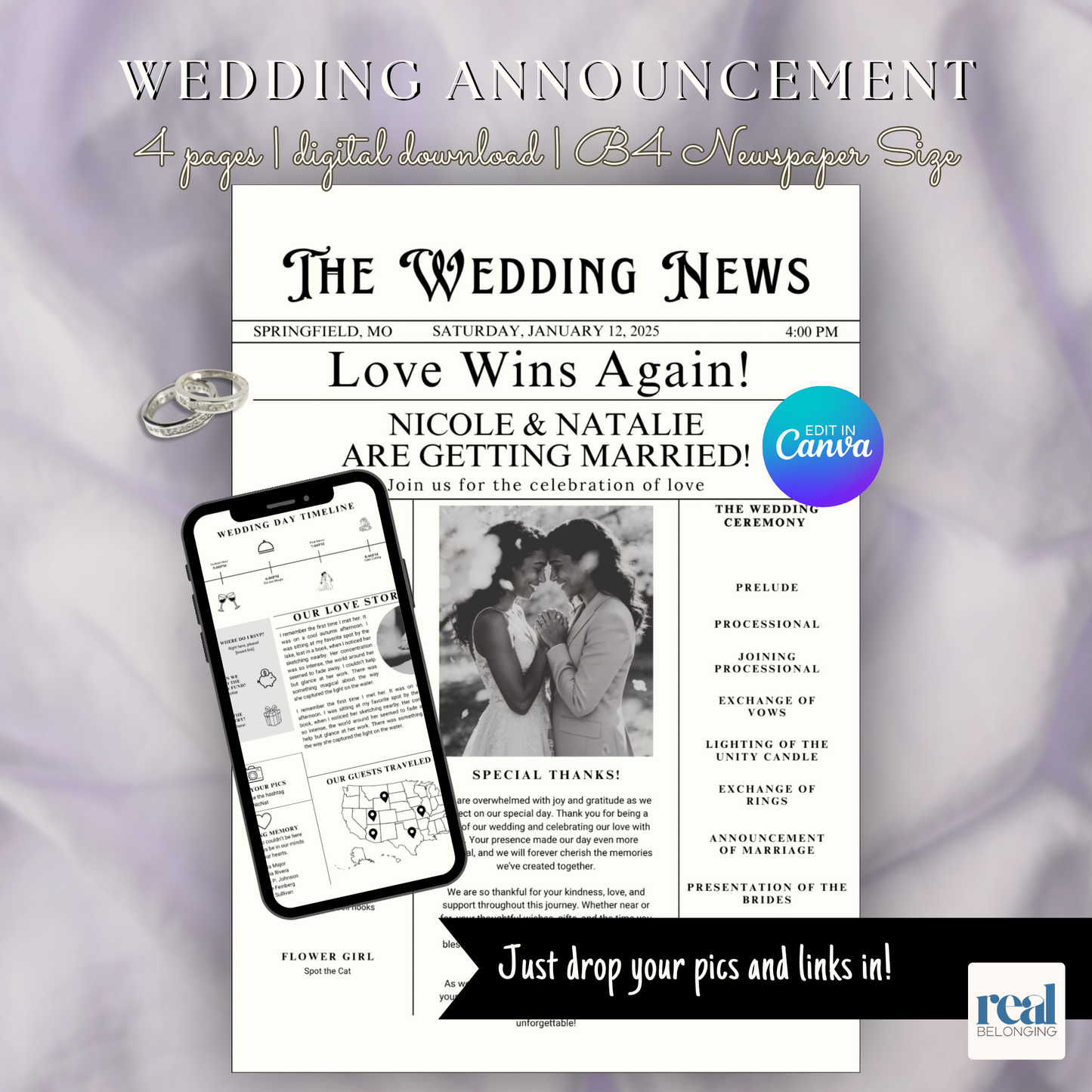 Lesbian Wedding Newspaper Template Marriage Announcement | Editable Canva Invitation | Black & White Vintage Style | Digital Download