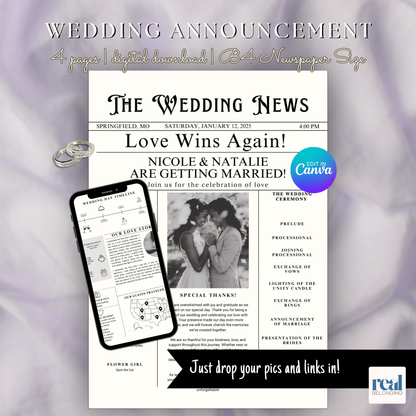 Lesbian Wedding Newspaper Template Marriage Announcement | Editable Canva Invitation | Black & White Vintage Style | Digital Download