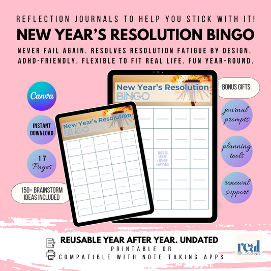 New Year's Resolution BINGO Toolkit solves resolution fatigue by design | Canva Template - Editable, Instant Download