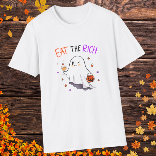 Cute Ghost “Eat the Rich” T-Shirt – Spooky Halloween Anti-Capitalist Tee