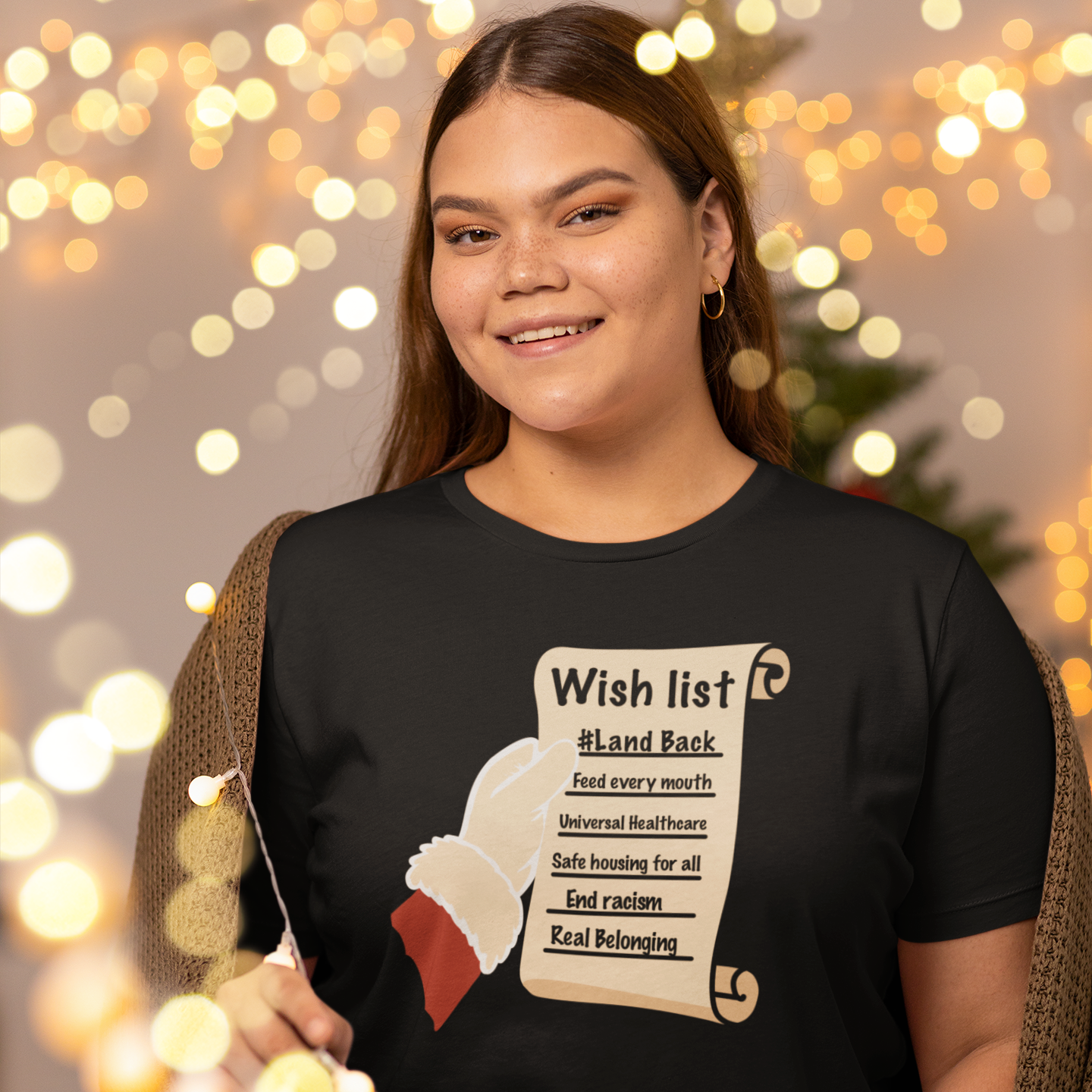 Santa’s Wishlist T-Shirt – #LandBack, Justice & Care for All