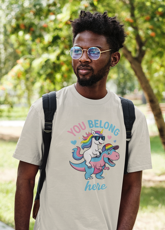 You Belong Here Queer Unicorn & T-Rex T-shirt