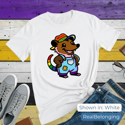 Adorable AF Rainbow Progress Pride Possum T-Shirt | Hillbilly Queer Critter