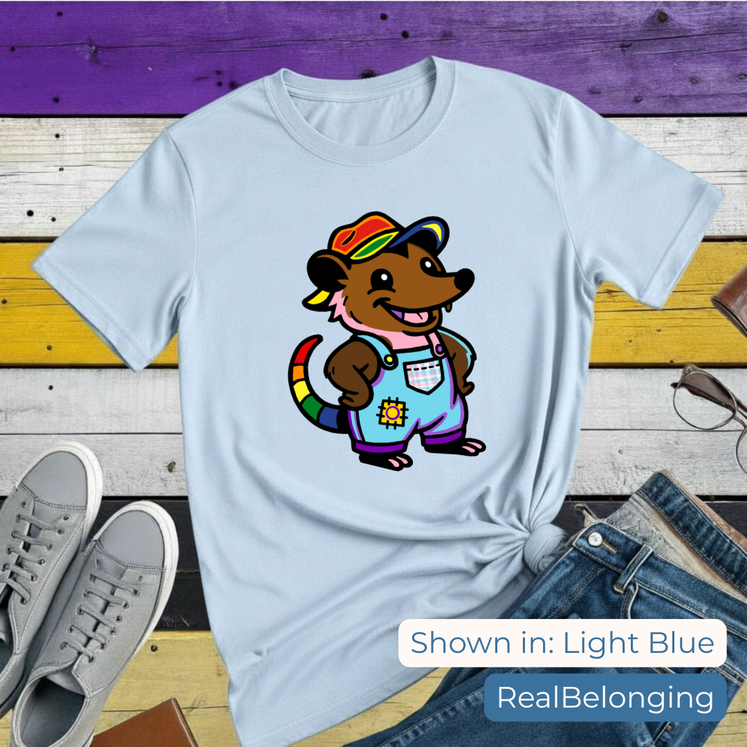 Adorable AF Rainbow Progress Pride Possum T-Shirt | Hillbilly Queer Critter