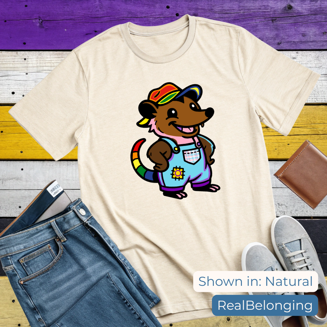 Adorable AF Rainbow Progress Pride Possum T-Shirt | Hillbilly Queer Critter