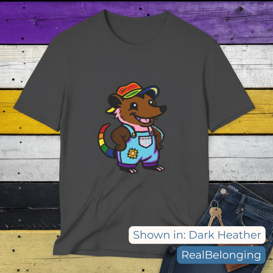Adorable AF Rainbow Progress Pride Possum T-Shirt | Hillbilly Queer Critter