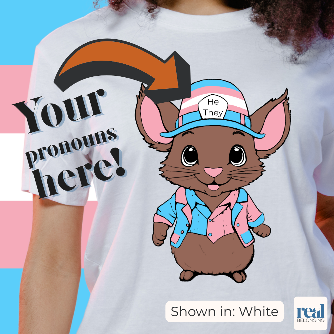 Transgender mouse cartoon character with customizable pronouns on the hat