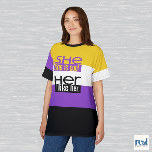 SHE/HER— All-Over Print Non-Binary Pride Shirt