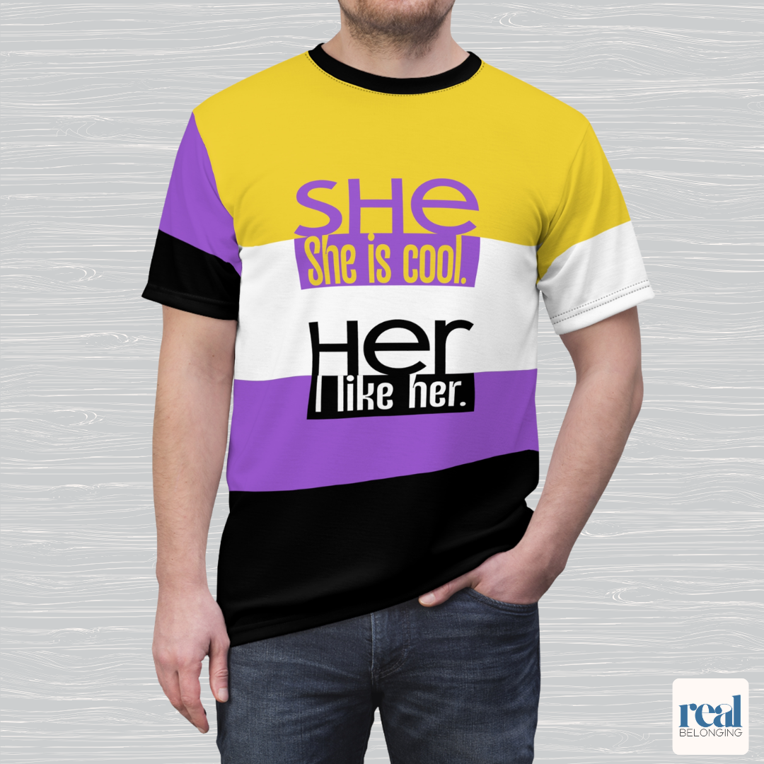 SHE/HER— All-Over Print Non-Binary Pride Shirt