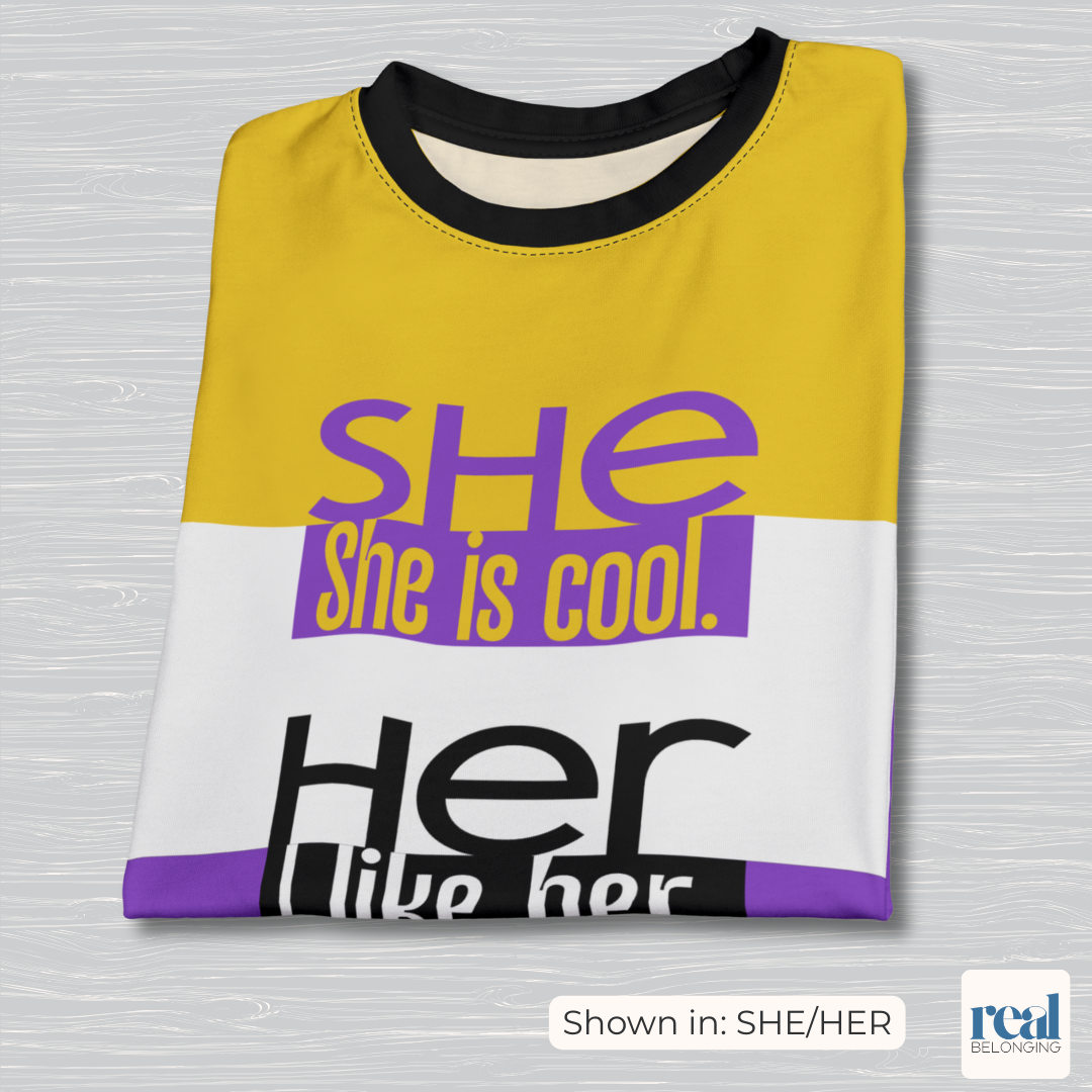 SHE/HER— All-Over Print Non-Binary Pride Shirt