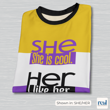 SHE/HER— All-Over Print Non-Binary Pride Shirt