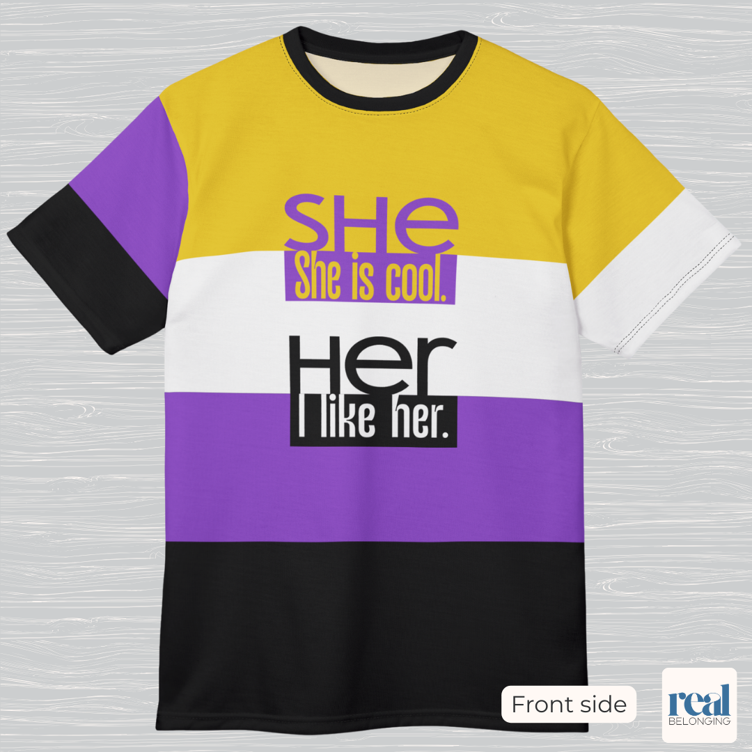 SHE/HER— All-Over Print Non-Binary Pride Shirt