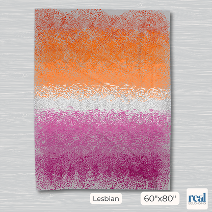 Colorful abstract art print with gradient from orange to pink on a textured background, labeled 'Lesbian' and '60"x80"'.