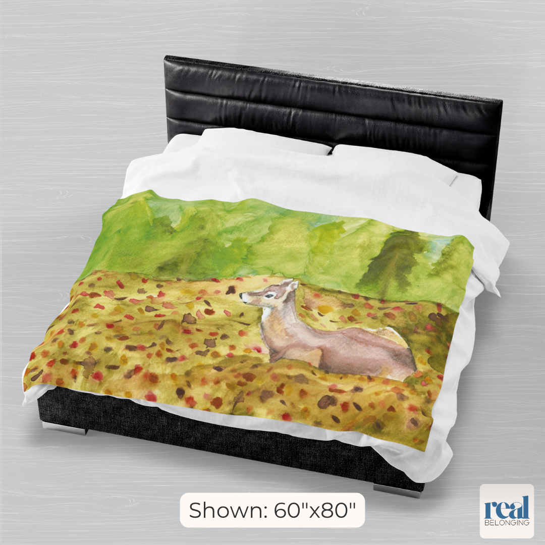 "Deer in Autumn" Watercolor Art Velveteen Plush Blanket