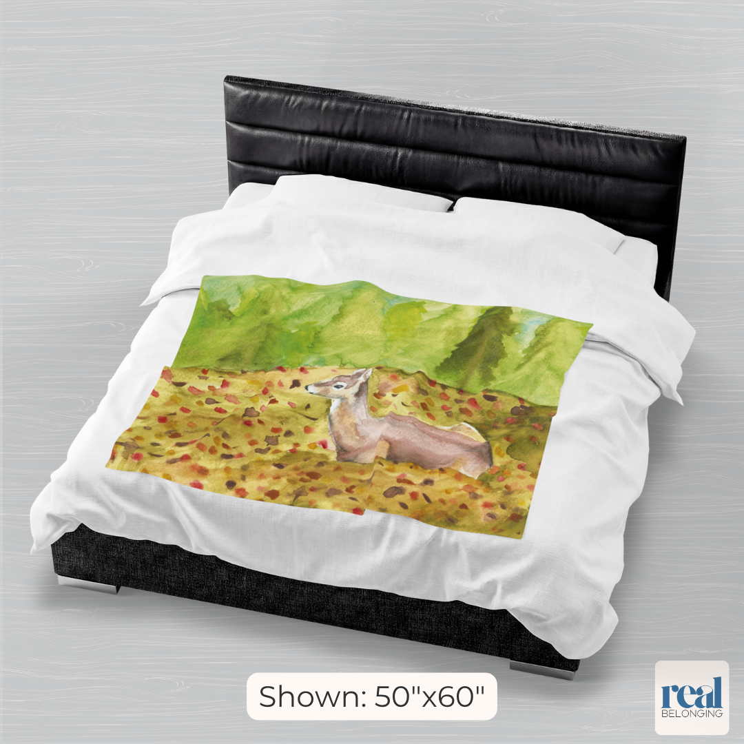 "Deer in Autumn" Watercolor Art Velveteen Plush Blanket