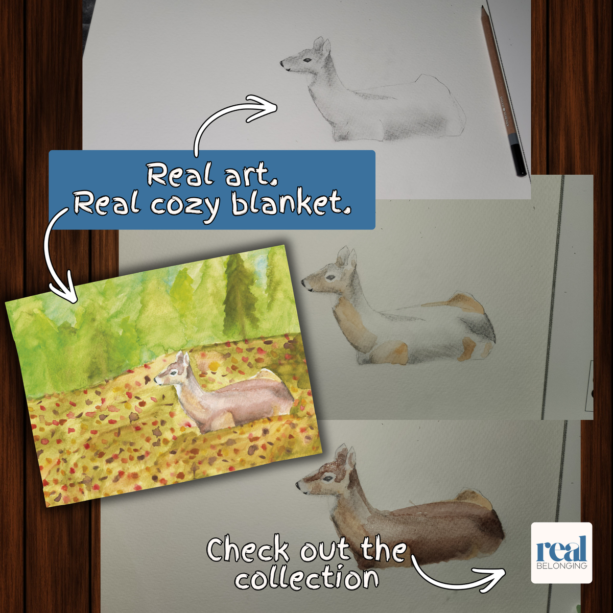 "Deer in Autumn" Watercolor Art Velveteen Plush Blanket