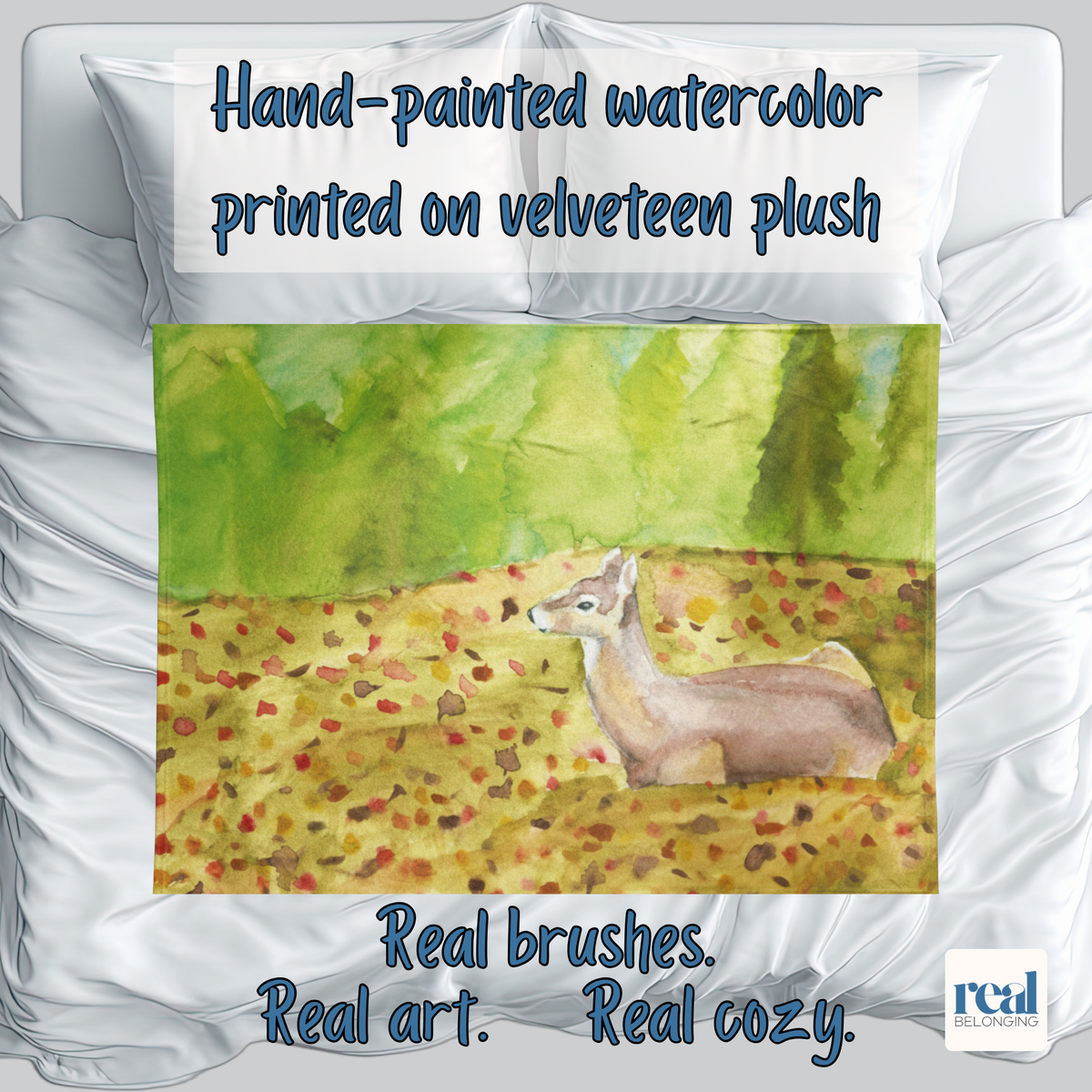 "Deer in Autumn" Watercolor Art Velveteen Plush Blanket