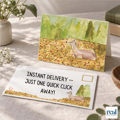 Folded autumn watercolor greeting card standing beside a printed matching envelope on a linen tablecloth