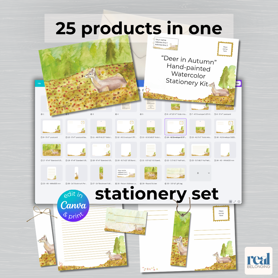 Deer in Autumn printable stationery set overview showing all 25 editable Canva template pages in a numbered grid