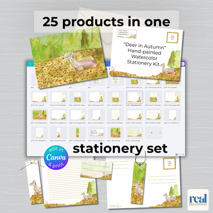 Deer in Autumn printable stationery set overview showing all 25 editable Canva template pages in a numbered grid
