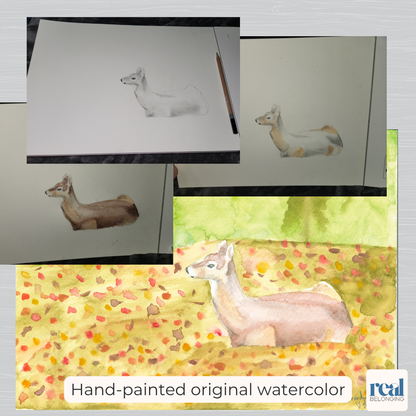 Original hand-painted watercolor deer painting shown in progress photos with the final signed high-resolution scan displayed large