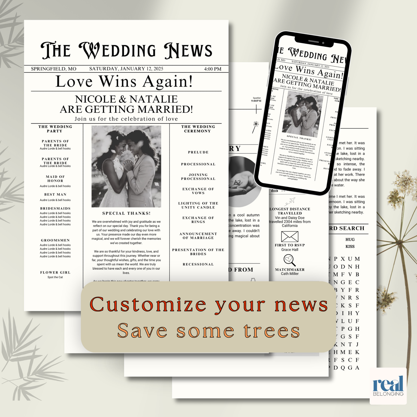 Lesbian Wedding Newspaper Template Marriage Announcement | Editable Canva Invitation | Black & White Vintage Style | Digital Download