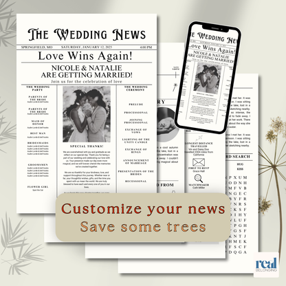 Lesbian Wedding Newspaper Template Marriage Announcement | Editable Canva Invitation | Black & White Vintage Style | Digital Download