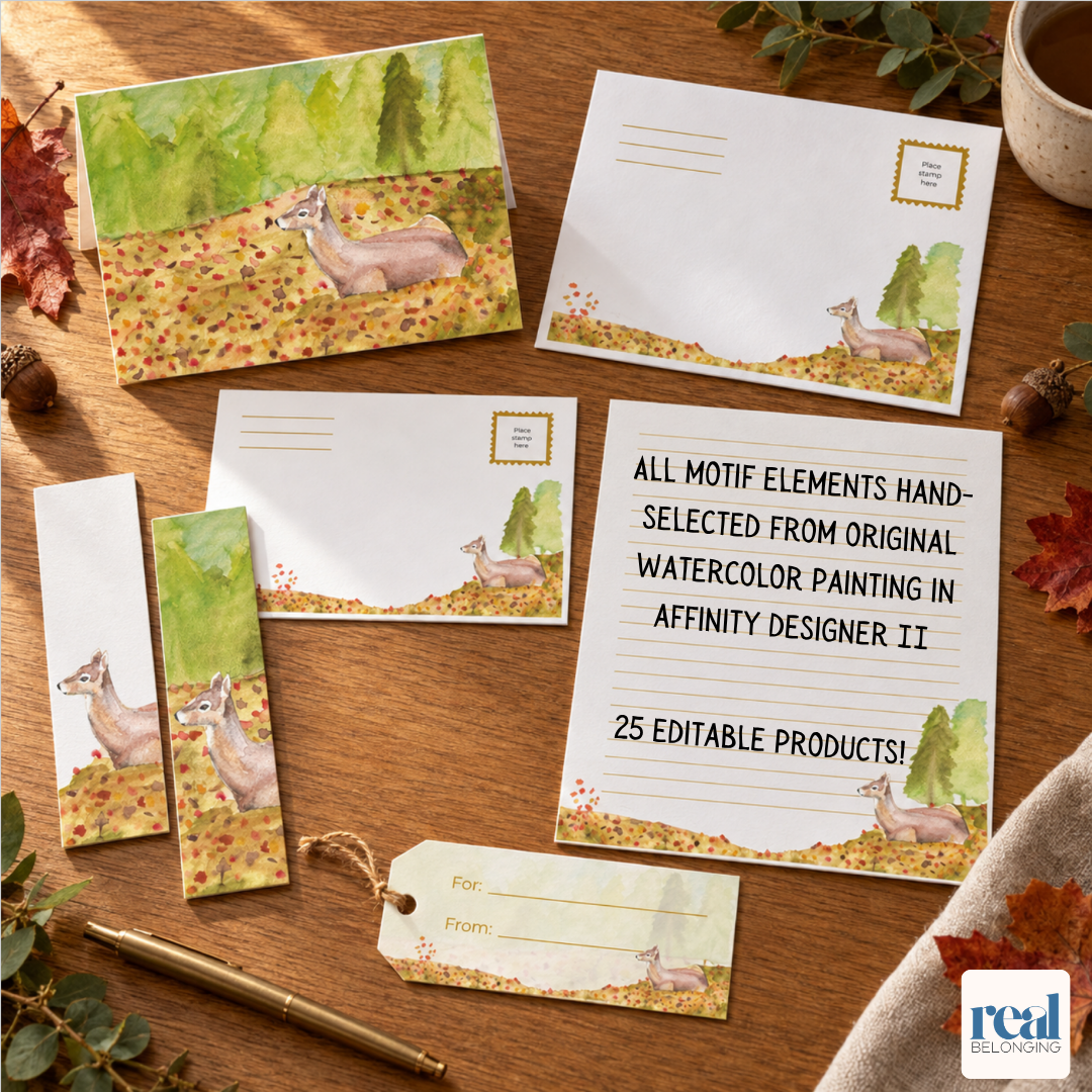 Deer in Autumn watercolor stationery spread across a desk with greeting cards, envelopes, bookmarks, and a twine-tied gift tag