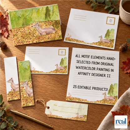 Deer in Autumn watercolor stationery spread across a desk with greeting cards, envelopes, bookmarks, and a twine-tied gift tag