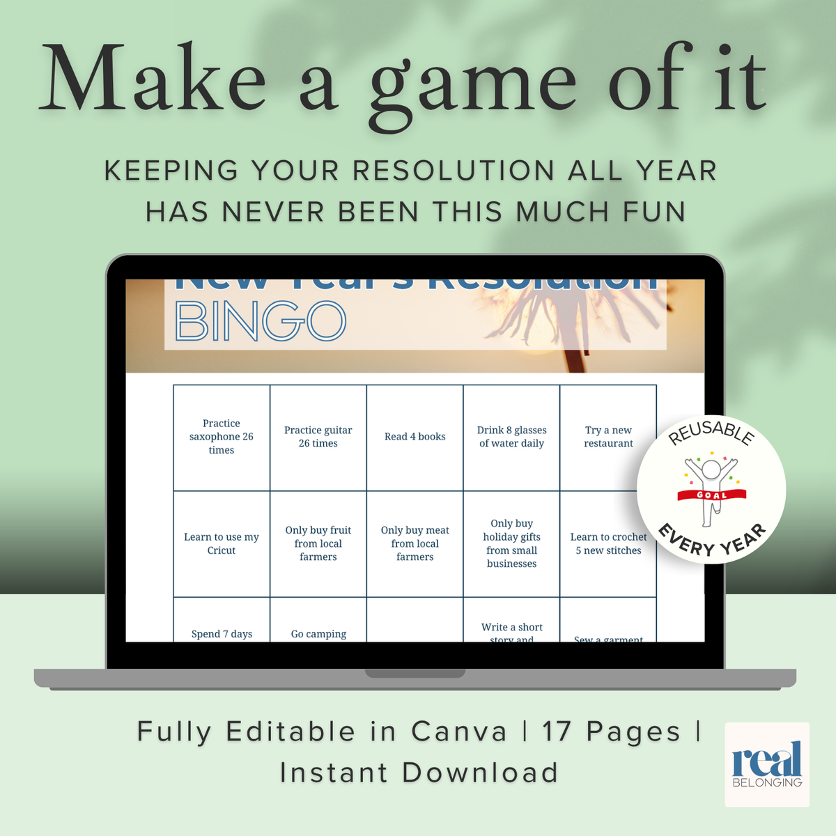New Year's Resolution BINGO Toolkit solves resolution fatigue by design | Canva Template - Editable, Instant Download