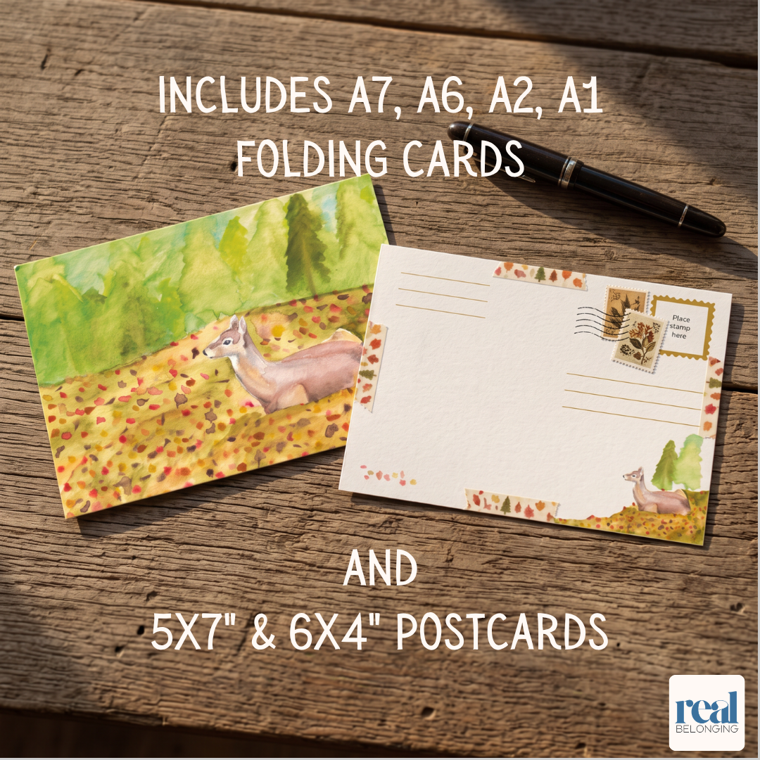 Autumn watercolor postcard front and back resting on a wooden bench with available card and postcard sizes listed