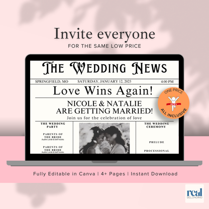 Lesbian Wedding Newspaper Template Marriage Announcement | Editable Canva Invitation | Black & White Vintage Style | Digital Download