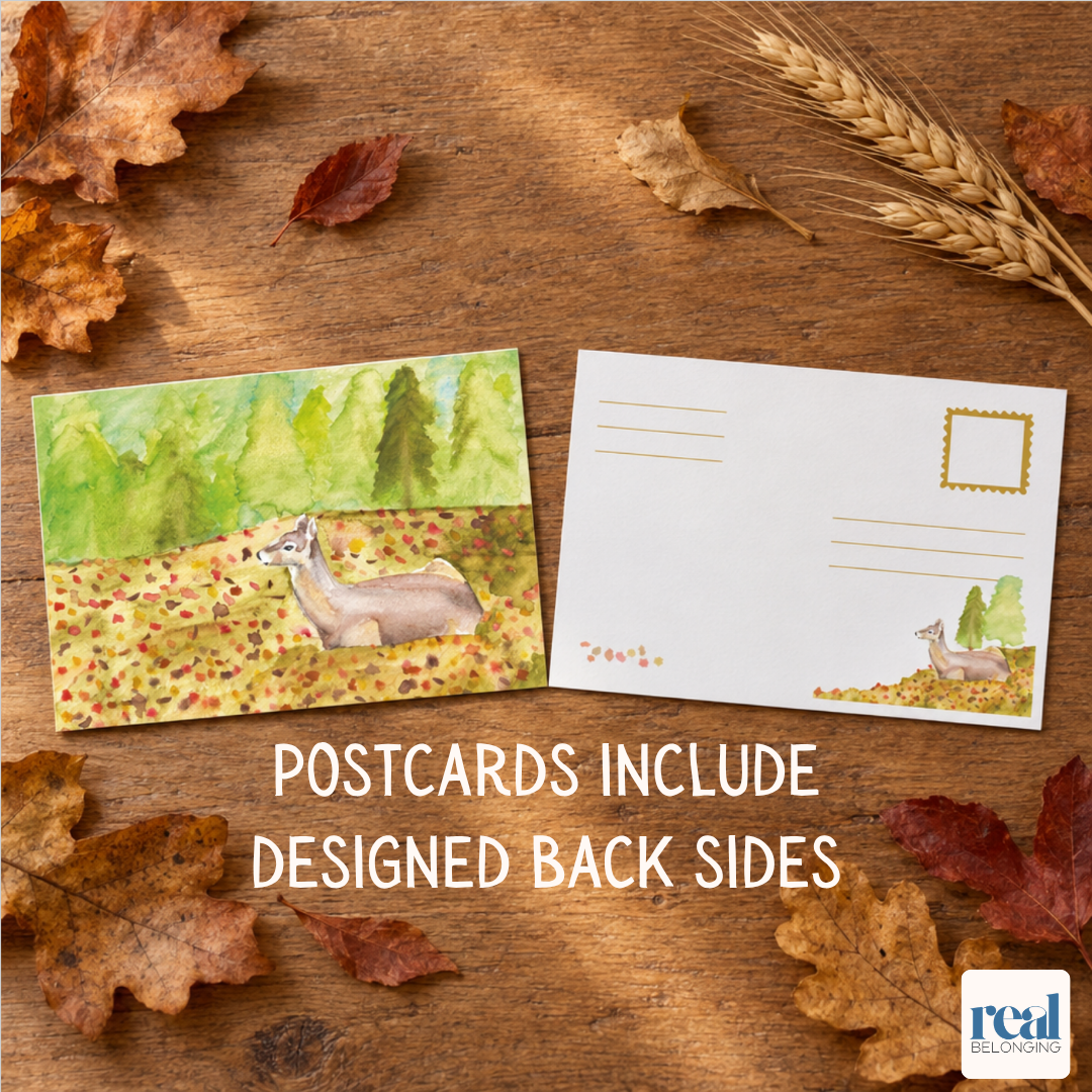 Watercolor postcard back design showing the stamp box, address lines, and return address space on a wooden desk