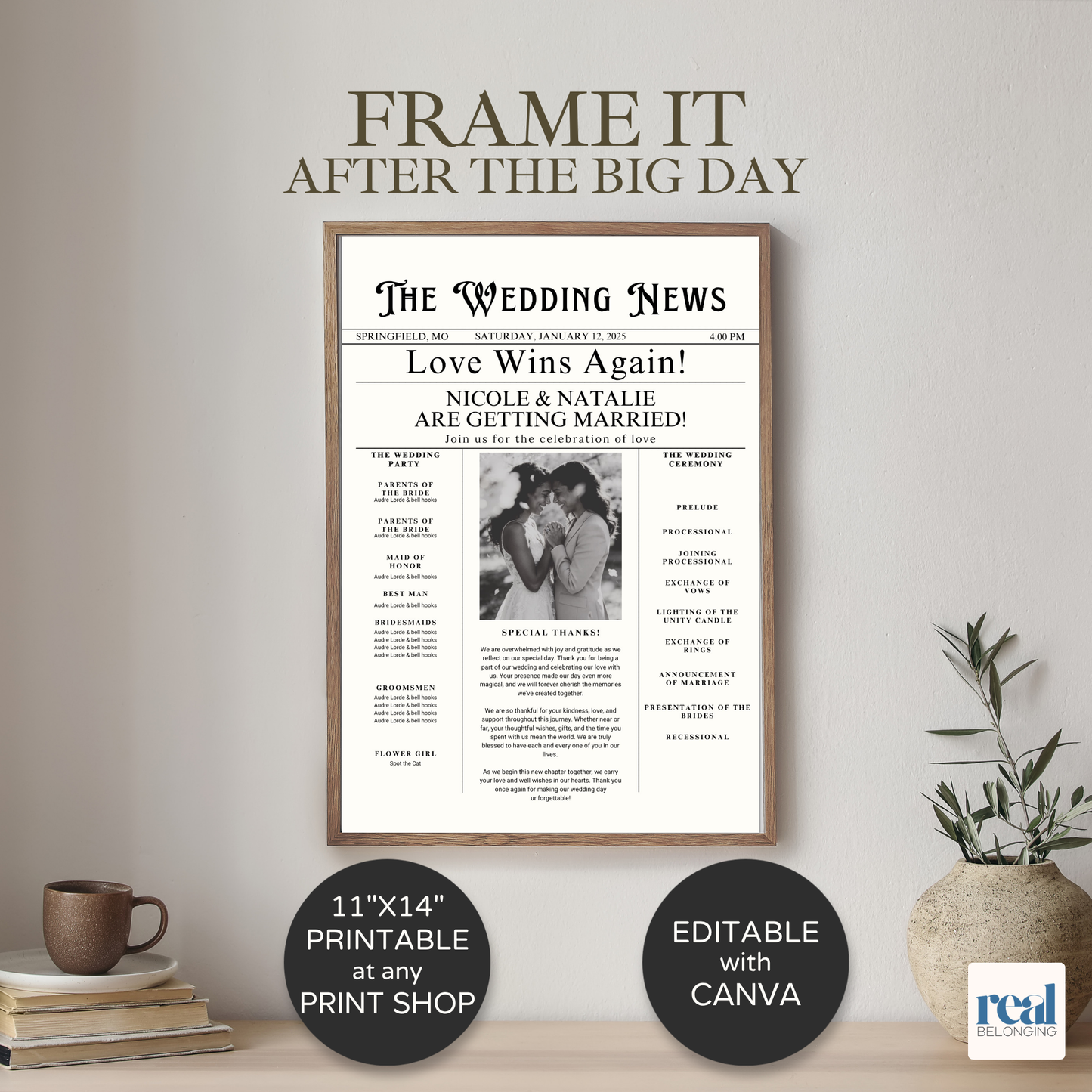 Lesbian Wedding Newspaper Template Marriage Announcement | Editable Canva Invitation | Black & White Vintage Style | Digital Download