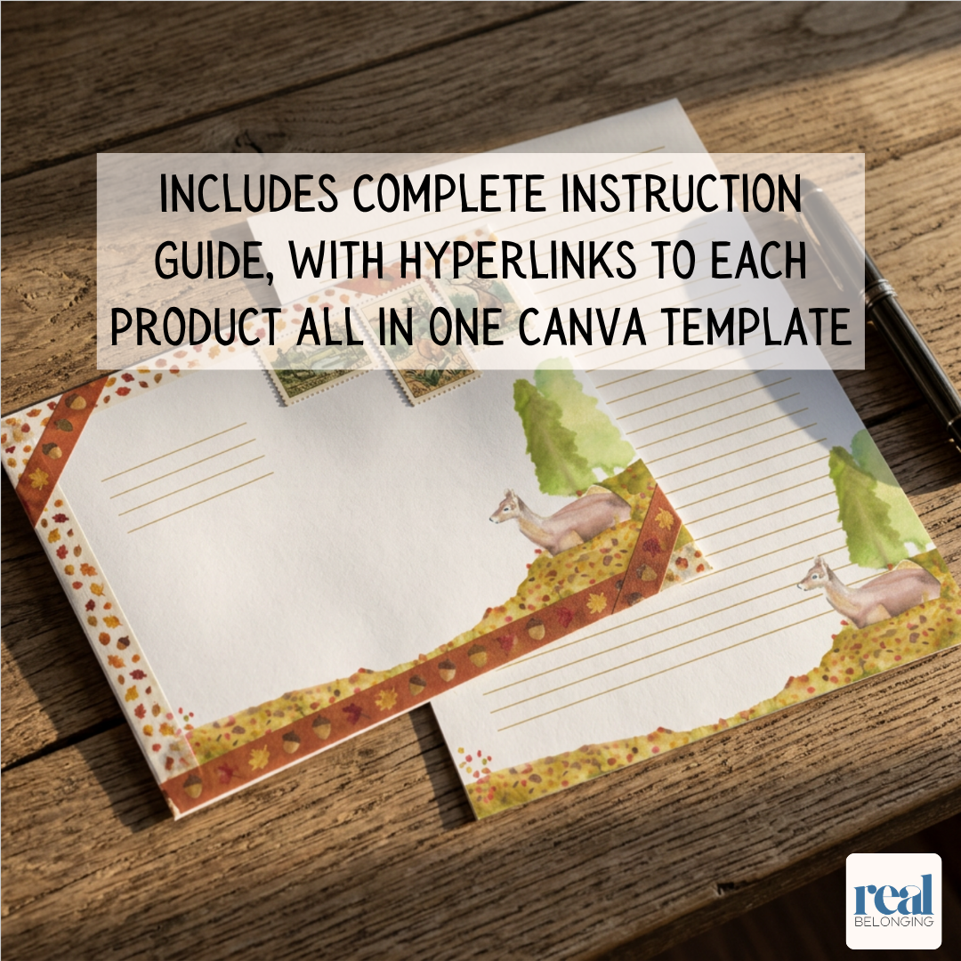Kraft envelope wrapped in washi tape with lined watercolor letter paper and built-in instruction guide callout