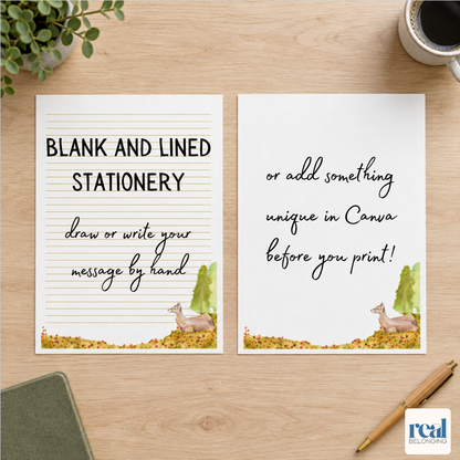 Blank and lined Deer in Autumn watercolor writing paper on a light desk, editable in Canva or handwritten